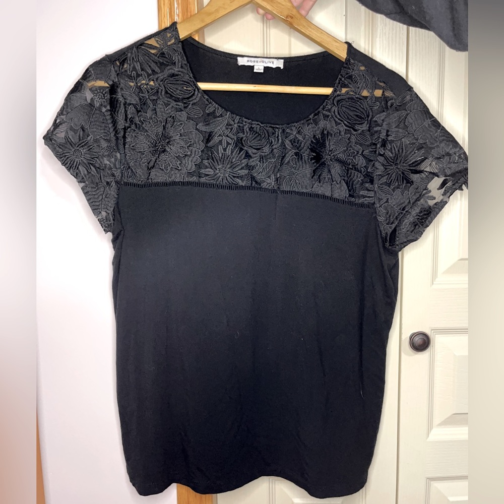 Rose & Olive Black Shirt with Lace and Flowers Detailing Holiday Wear